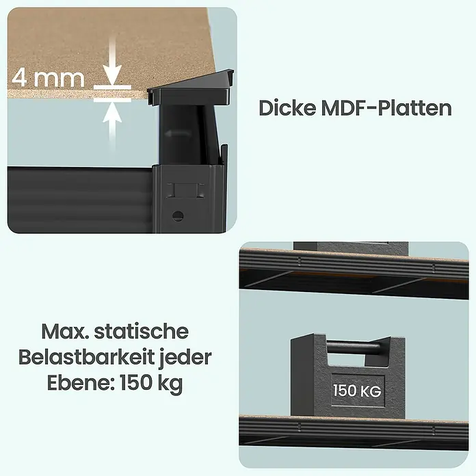 Metallregal - H x B x T: 200 x 120 x 60 cm, Traglast pro Boden: 150 kg, Anzahl Böden: 5 Stk., Stecken, Schwarz - Regaleinheit mit 4 mm dicken MDF-Platten, jeder Boden hat eine statische Belastbarkeit von 150 kg.