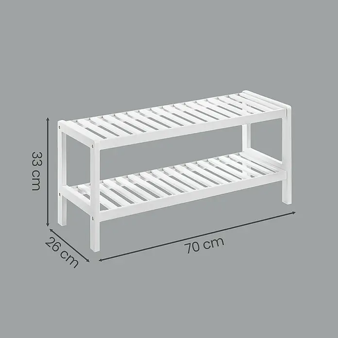 Schuhregal - L x B x H: 26 x 70 x 33 cm, Weiß - Weißes, lamellenförmiges zweistöckiges Holzschuhregal, 70 cm B x 33 cm H x 26 cm T.