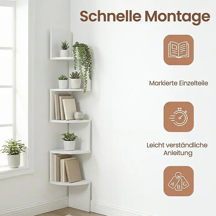Eckregal - H x B x T: 126 x 20 x 20 cm, Weiß - Weißes Zickzack-Eckregal mit Topfpflanzen und Büchern, das eine Zimmerecke verschönert.