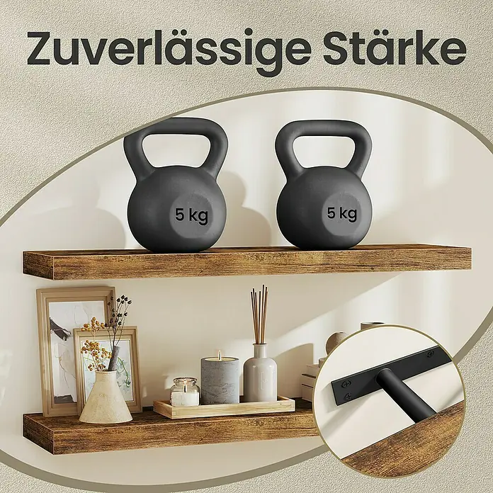 Wandboard - L x B x H: 20 mm x 80 cm x 3,8 cm, Braun - Zwei rustikale Holz-Wandregale, sicher montiert, tragen 5kg Kettlebells. Verdeckte schwarze Metallhalterungen bieten zuverlässige Stärke.