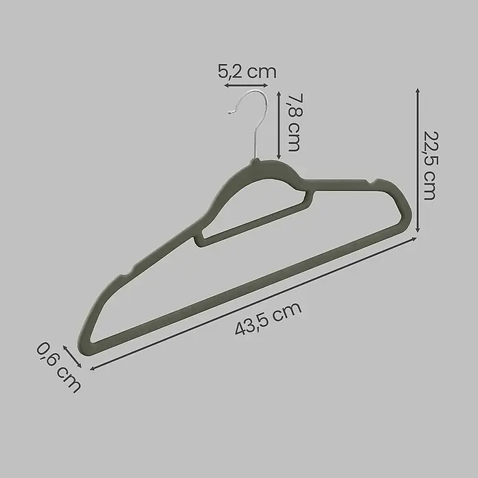 Kleiderbügel Samt - Grau, 20 Stk., Samtoberfläche - Grauer beflockter Kleiderbügel mit Metallhaken.