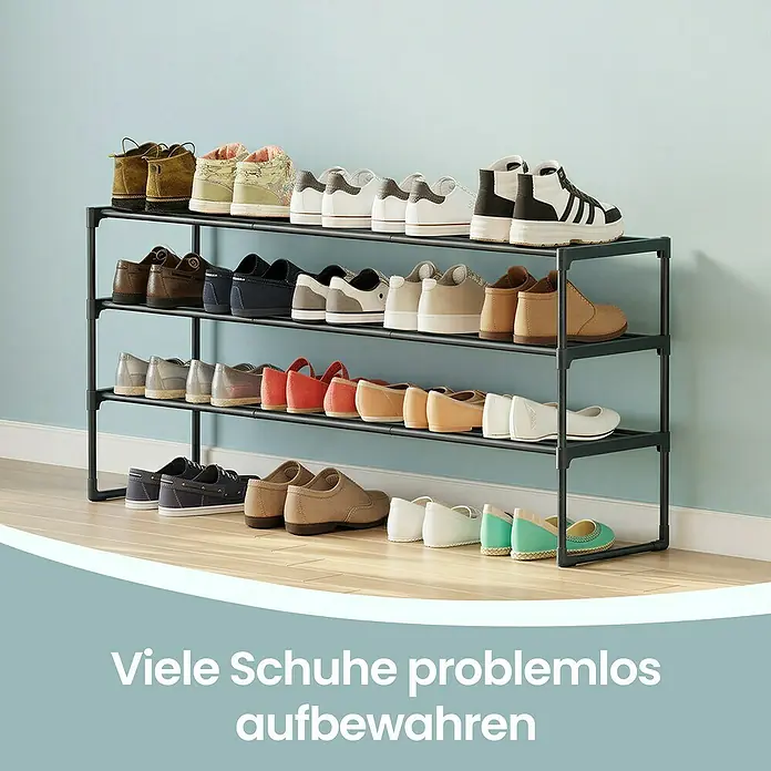 Schuhregal - L x B x H: 30 x 116 x 55 cm, Schwarz/Braun - Ein schwarzes, mehrstufiges Schuhregal mit verschiedenen Schuhen vor einer hellblauen Wand. Es organisiert viele Schuhe ordentlich.