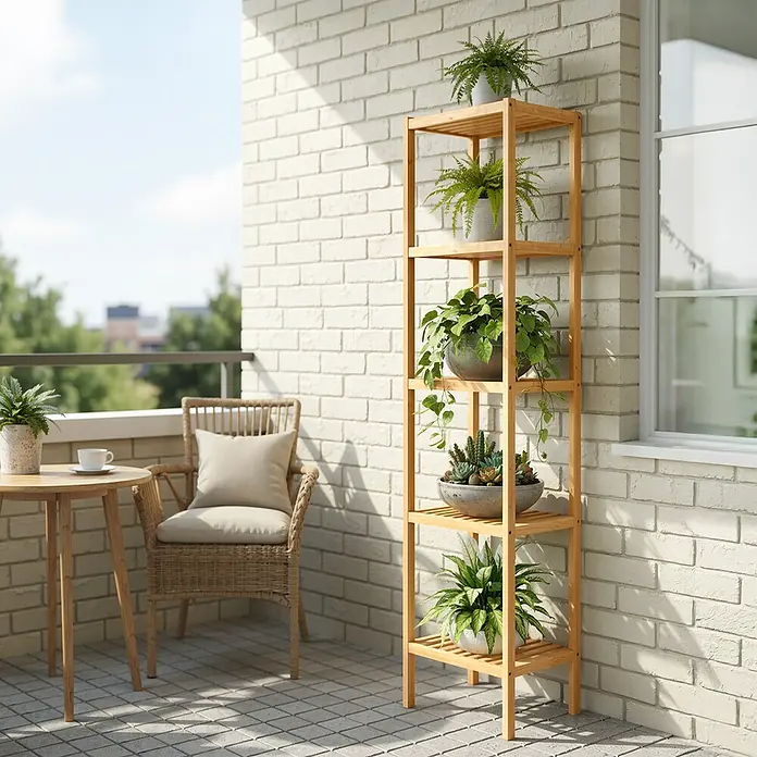 Holzregal - H x B x T: 146 x 33 x 33 cm, Traglast pro Boden: 10 kg, Anzahl Böden: 5 Stk., Braun - Hohes schmales Pflanzenregal aus Naturholz mit fünf Ebenen, auf einem Balkon zur Präsentation von Topfpflanzen.