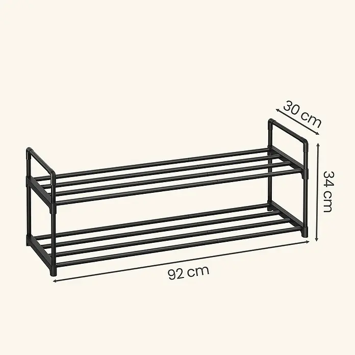 Schuhregal - L x B x H: 30 x 92 x 37 cm, Schwarz/Braun - Schwarzes zweistöckiges Schuhregal aus Metall, 92 cm lang, 30 cm tief und 34 cm hoch.