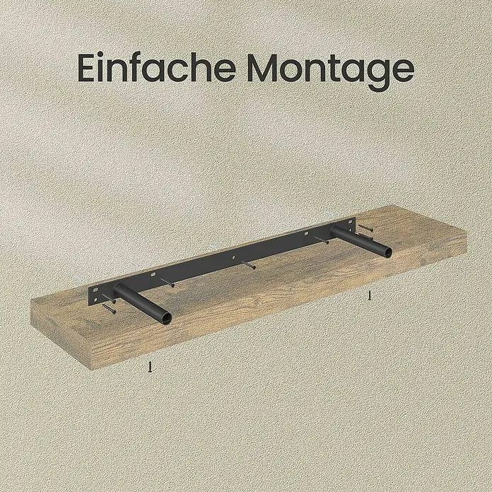Wandboard - L x B x H: 20 mm x 80 cm x 3,8 cm, Braun - Schwarze schwebende Regalhalterung an rustikalem Holzbrett, zeigt einfache Montage an einer strukturierten Wand.