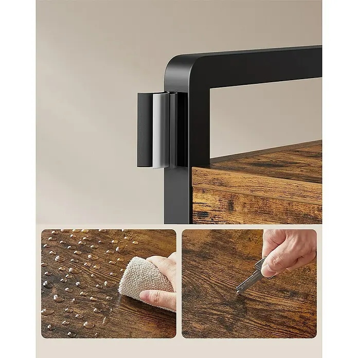Garderoben-Set mit Sitzbank, Schubladen & Schuhablage - L x B x H: 30 x 80 x 181,4 cm, Braun/Schwarz - Möbeldetail: Rustikale Holzoberfläche mit schwarzem Metallrahmen, wasser- und kratzfest.