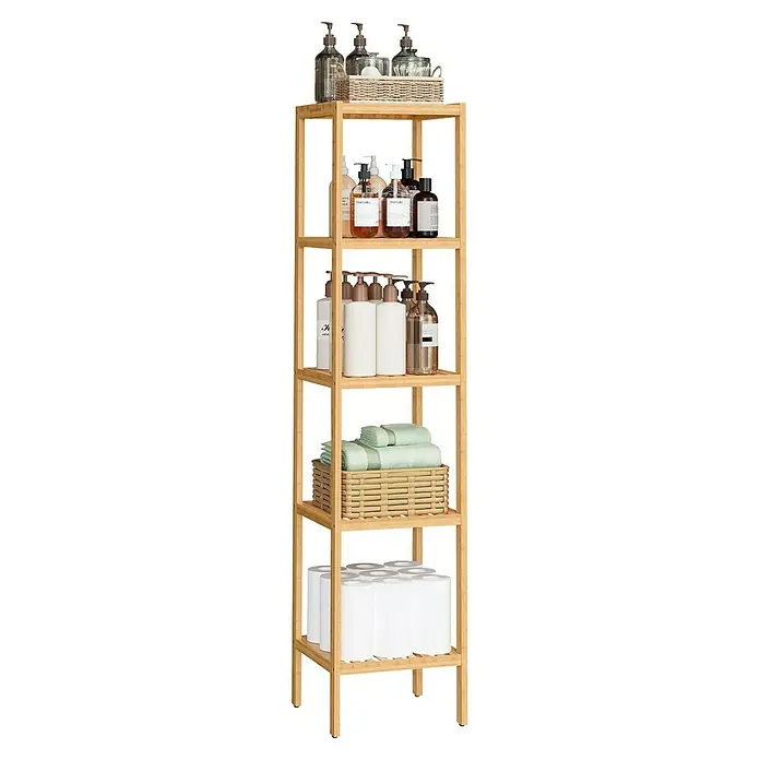 Holzregal - H x B x T: 146 x 33 x 33 cm, Traglast pro Boden: 10 kg, Anzahl Böden: 5 Stk., Braun - Hohes Badezimmerregal aus Bambus mit fünf Ablagen, für Spenderflaschen, gefaltete Handtücher in Körben und Toilettenpapierrollen.