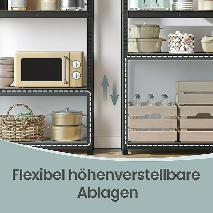 Metallregal - H x B x T: 200 x 100 x 50 cm, Traglast pro Boden: 120 kg, Anzahl Böden: 5 Stk., Stecken, Schwarz - Dunkelgraues Metallregal mit flexibel höhenverstellbaren Ablagen, passend für Küchengeräte, Töpfe und Aufbewahrungskisten.
