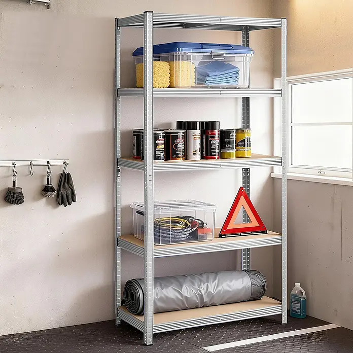 Metallregal - H x B x T: 200 x 100 x 50 cm, Traglast pro Boden: 120 kg, Anzahl Böden: 5 Stk., Stecken, Silber - Fünfstufiges Metallregal mit Holzablagen, zur Garagenaufbewahrung geordnet.