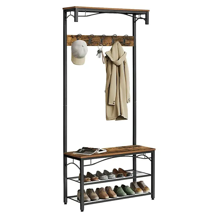 Garderoben-Set mit Sitzbank & Schuhablage - L x B x H: 32 x 80 x 178,5 cm, Braun/Schwarz - Garderobenständer im Industriestil mit dunklem Metallrahmen, rustikaler Holzbank und Regalen, Haken und Schuhablagen.