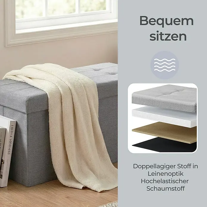 Hocker mit Stauraum - L x B x H: 38 x 76 x 38 cm, Hellgrau - Graue Stoff-Sitzbank mit cremefarbener Decke für bequemes Sitzen.
