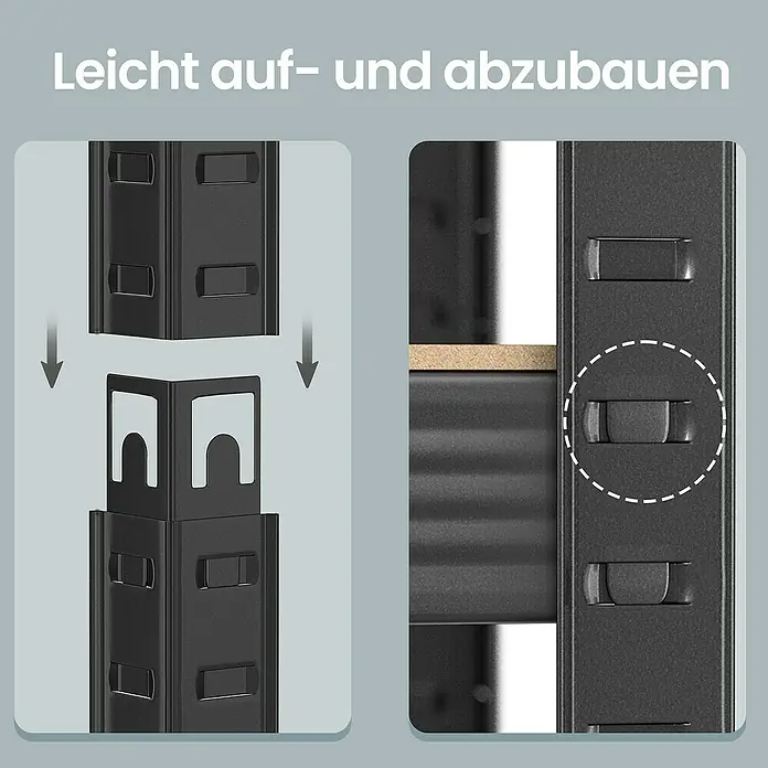 Metallregal - H x B x T: 150 x 75 x 30 cm, Traglast pro Boden: 130 kg, Anzahl Böden: 5 Stk., Stecken, Schwarz - Schwarze Metallregalteile zeigen einfaches Stecksystem für die Montage, inklusive einer verbundenen Ablage mit Holzplatte.