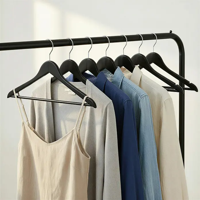 Kleiderbügel - Schwarz, Holz - Schwarze Kleiderbügel halten ein beiges Top, einen grauen Cardigan und verschiedene blaue/beige Freizeithemden auf einem Kleiderständer.