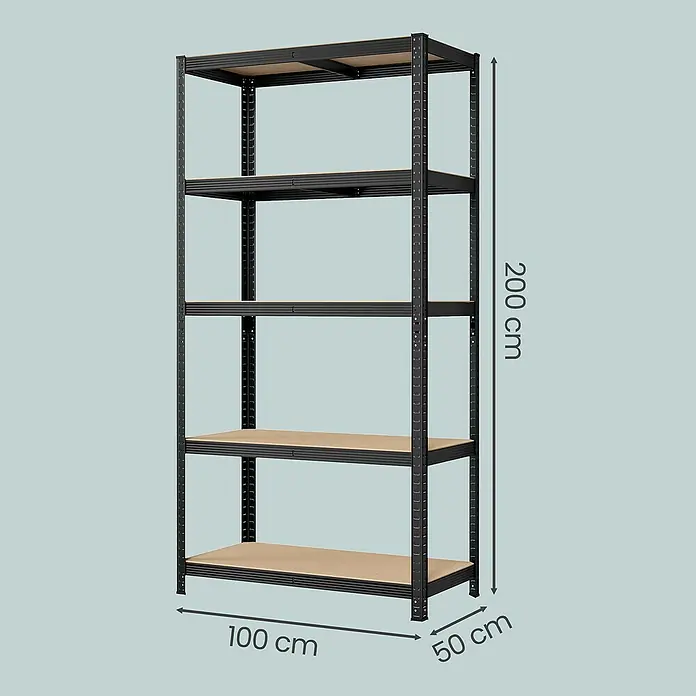Metallregal - H x B x T: 200 x 100 x 50 cm, Traglast pro Boden: 120 kg, Anzahl Böden: 5 Stk., Stecken, Schwarz - Schwarzmetall-Regal mit 5 hellen Holzregalböden. Maße: 200cm H x 100cm B x 50cm T.