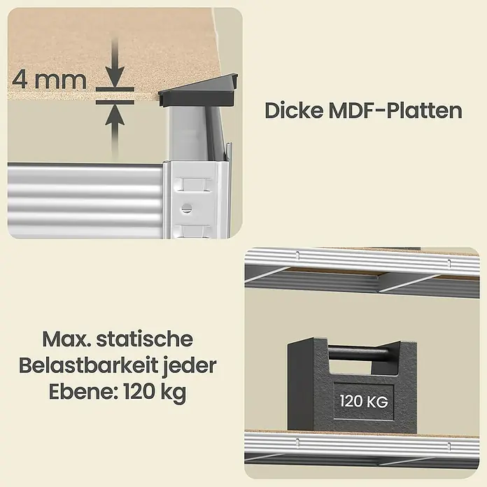 Metallregal - H x B x T: 200 x 100 x 50 cm, Traglast pro Boden: 120 kg, Anzahl Böden: 5 Stk., Stecken, Silber - Dicke 4 mm MDF-Platten für Regalböden mit 120 kg statischer Belastbarkeit pro Ebene.