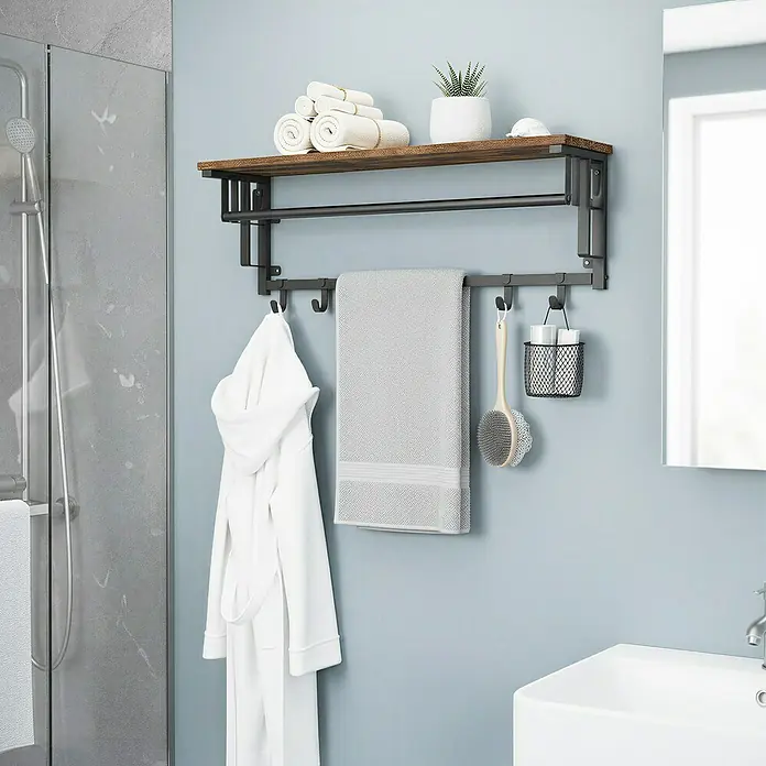 Garderobenpaneel - L x B x H: 30 x 66 x 27 cm, Schwarz/Braun - Wandmontiertes Badezimmerregal mit Holzoptik-Ablage, schwarzem Metallrahmen, Handtuchstangen & Haken für Handtücher & Badzubehör.