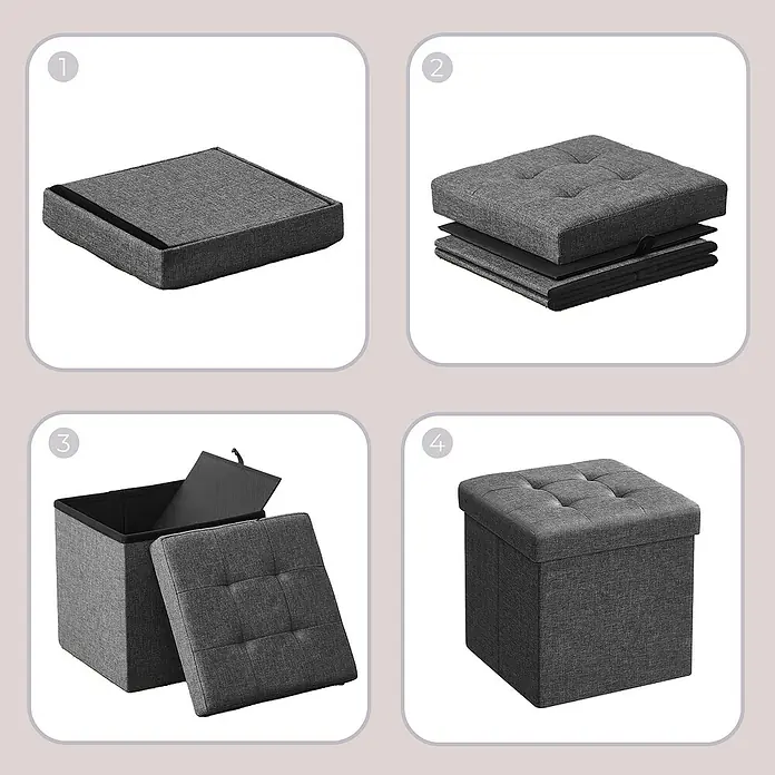 Hocker mit Stauraum - L x B x H: 30 x 30 x 30 cm, Grau - Montageschritte für eine graue faltbare Aufbewahrungsbank, von den zusammengeklappten Teilen bis zur fertigen Bank.