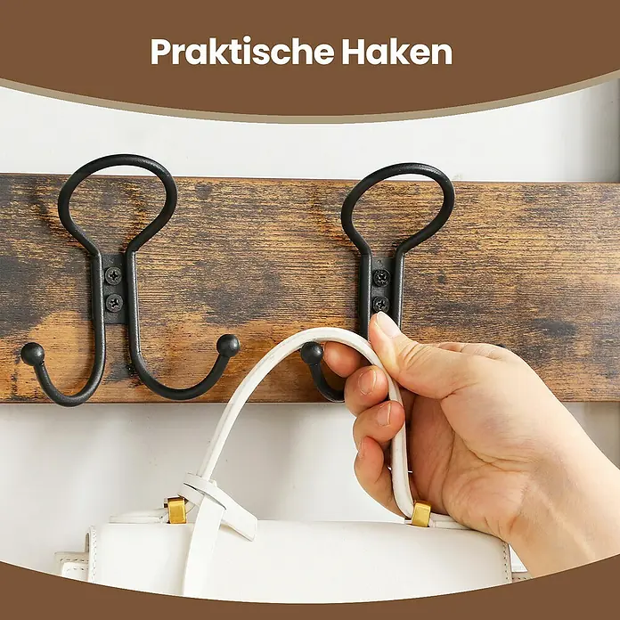 Garderoben-Set mit Sitzbank & Schuhablage - L x B x H: 32 x 80 x 178,5 cm, Braun/Schwarz - Schwarze Metallhaken auf rustikalem Holzbrett, eine weiße Handtasche wird daran aufgehängt.