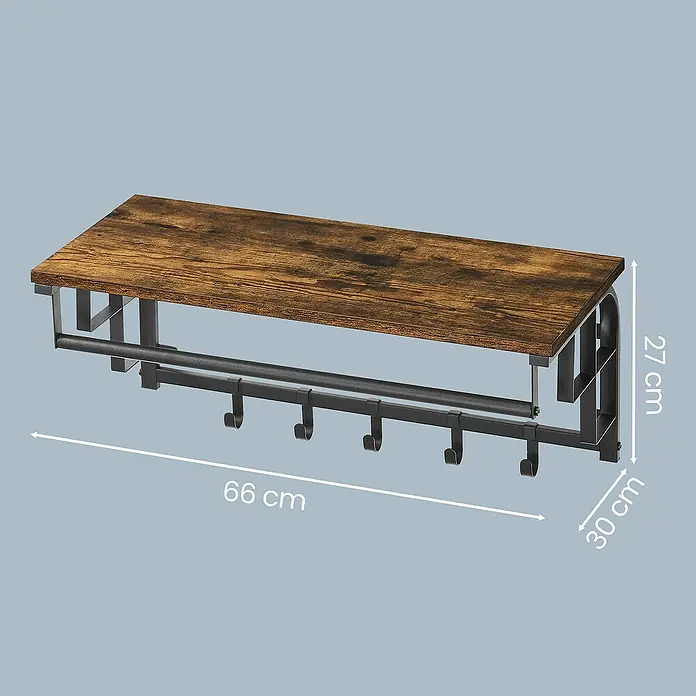 Garderobenpaneel - L x B x H: 30 x 66 x 27 cm, Schwarz/Braun - Wandregal mit brauner Holzplatte, schwarzem Metallrahmen und 5 Haken. Maße: 66B x 27H x 30T cm.