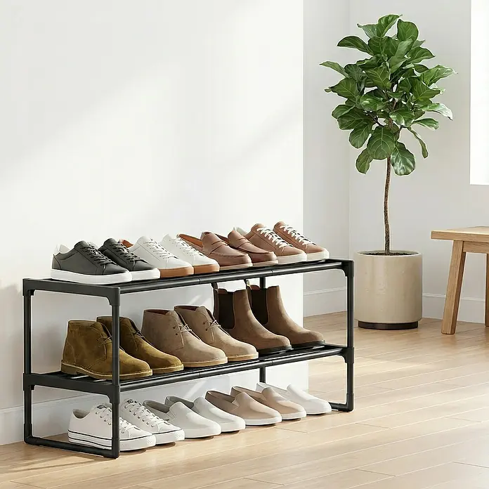 Schuhregal - L x B x H: 30 x 92 x 37 cm, Schwarz/Braun - Ein schwarzes zweistufiges Metallschuhregal, gefüllt mit verschiedenen Schuhen wie Sneakern, Loafern und Stiefeln.