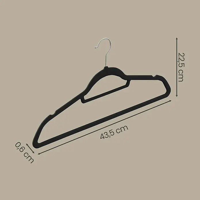 Kleiderbügel Samt - Schwarz, 20 Stk., Samtoberfläche - Schwarzer Samt-Kleiderbügel mit Metallhaken. Maße: 43,5 cm breit, 22,5 cm hoch, 0,6 cm dick.