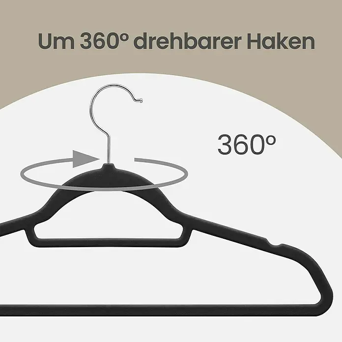Kleiderbügel Samt - Schwarz, 20 Stk., Samtoberfläche - Schwarzer Samtbügel mit 360-Grad-drehbarem Chromhaken, illustriert mit Rotationsgrafik.