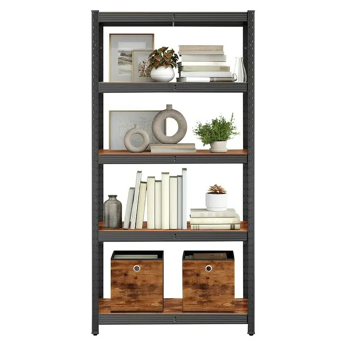 Metallregal - H x B x T: 150 x 75 x 30 cm, Traglast pro Boden: 130 kg, Anzahl Böden: 5 Stk., Stecken, Schwarz - Industrieregal mit dunkelgrauem Metallrahmen und rustikalen Holzoptikböden, gefüllt mit Büchern, Deko und Boxen.