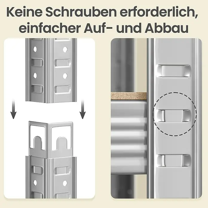 Metallregal - H x B x T: 200 x 100 x 50 cm, Traglast pro Boden: 120 kg, Anzahl Böden: 5 Stk., Stecken, Silber - Silberne Metallregal-Komponenten zeigen schraubenlose Montage durch Stecksystem für einfachen Auf- und Abbau.