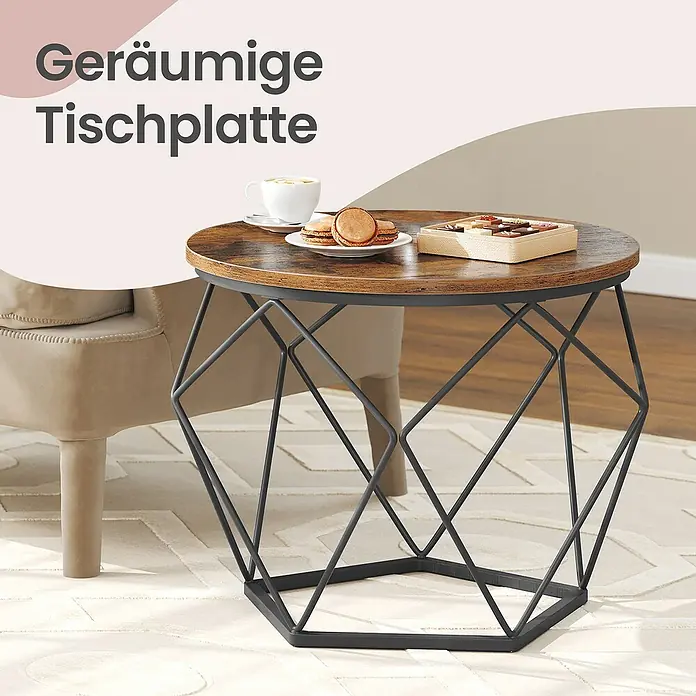 Couchtisch Set - Schwarz/Braun, 2 -tlg. - Runder Beistelltisch mit geräumiger Holzplatte und geometrischem Metallgestell, mit Kaffee und Leckereien.