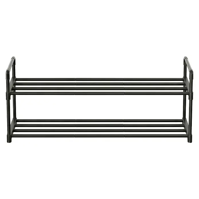 Schuhregal - L x B x H: 30 x 92 x 37 cm, Schwarz/Braun - Schwarzes zweistöckiges Metallschuhregal.