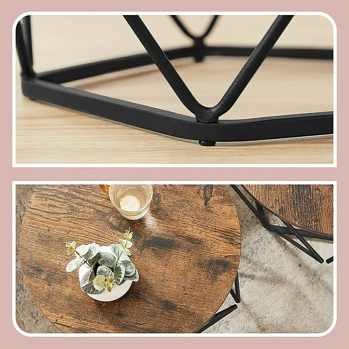 Couchtisch Set - Schwarz/Braun, 2 -tlg. - Nesting runde Couchtische mit Altholzplatten und schwarzen Metallrahmen. Nahaufnahme der robusten schwarzen Metallbasis mit Bodenschonern.