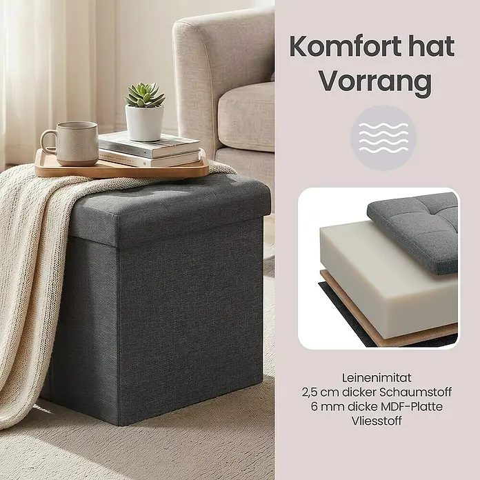Hocker mit Stauraum - L x B x H: 30 x 30 x 30 cm, Grau - Dunkelgrauer Aufbewahrungshocker im Leinen-Look in einem Wohnzimmer, mit Diagramm der Schaumstoff- und MDF-Schichten.