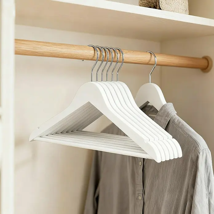 Kleiderbügel - Weiß, Holz - Stapel weißer Holzkleiderbügel mit Metallhaken an einer Kleiderstange im Schrank, einer mit grauem Hemd.