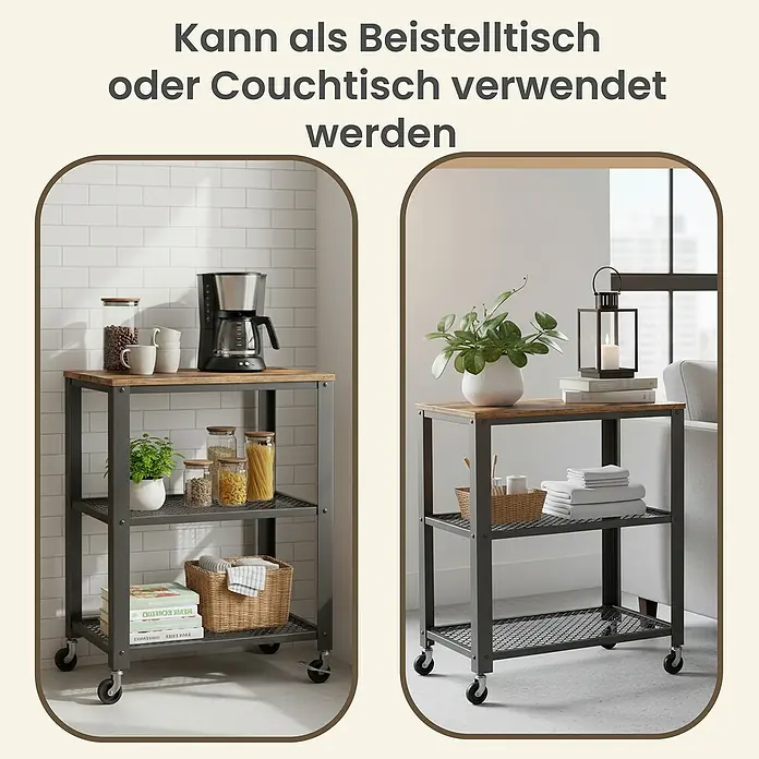 Servierwagen - L x B x H: 40 x 60,6 x 78 cm, Schwarz/Braun - Vielseitiger Rollwagen mit rustikaler brauner Holzplatte und schwarzem Metallgestell, als Küchenwagen und Beistelltisch genutzt.