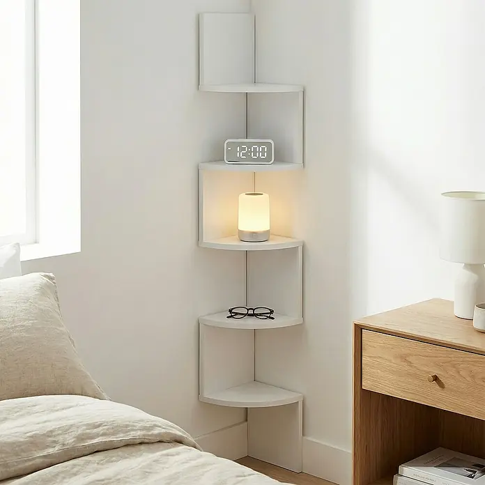 Eckregal - H x B x T: 126 x 20 x 20 cm, Weiß - Weiße Eckregale im Schlafzimmer, halten Uhr, Lampe und Brille, neben einem Bett.
