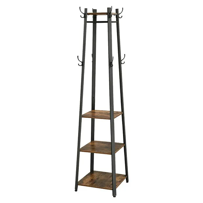 Garderobenständer - L x B x H: 43 x 43 x 180 cm, Schwarz/Braun, Anzahl Haken: 8 Stk. - Industrieller Garderobenständer mit schwarzem Metallrahmen und drei rustikalen braunen Holzregalen, mit mehreren Haken.