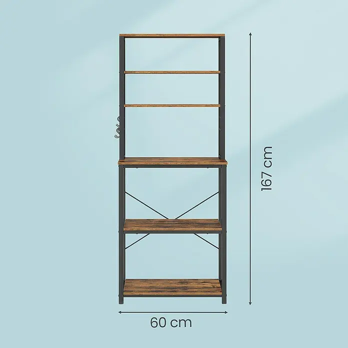 Stufenregal Küchenregal - H x B x T: 167 x 60 x 40 cm, Anzahl Böden: 5 Stk., Schwarz/Braun - Industrielles Regal aus rustikalem Holz und schwarzem Metall mit mehreren Ablagen, einer Arbeitsplatte und Seitenhaken. Maße: 167x60 cm.