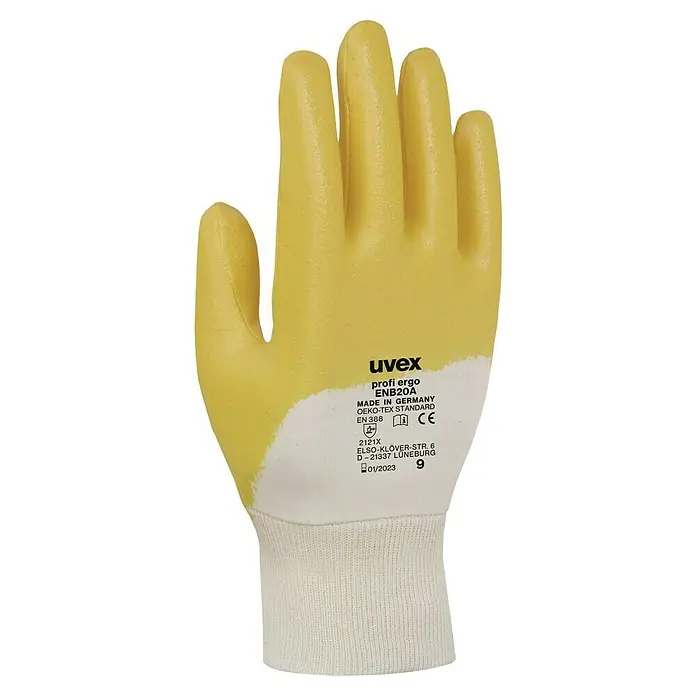 Uvex Arbeitshandschuhe Profi Ergo ENB20A - Orange, Weiß, Handschuhgröße: 11 - Nahaufnahme eines Uvex Profi Ergo ENB20A Schutzhandschuhs mit gelber Handfläche und weißem Handrücken, der Schutz und Komfort bietet.