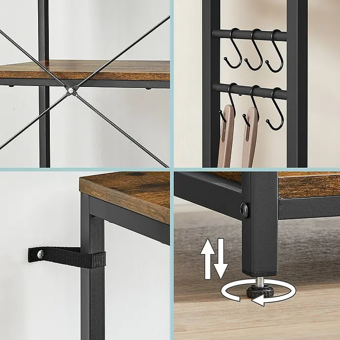 Stufenregal Küchenregal - H x B x T: 167 x 60 x 40 cm, Anzahl Böden: 5 Stk., Schwarz/Braun - Details der Ablage aus schwarzem Metall und rustikalem braunem Holz: Kreuzstreben, S-Haken, Kippschutz und verstellbare Füße.