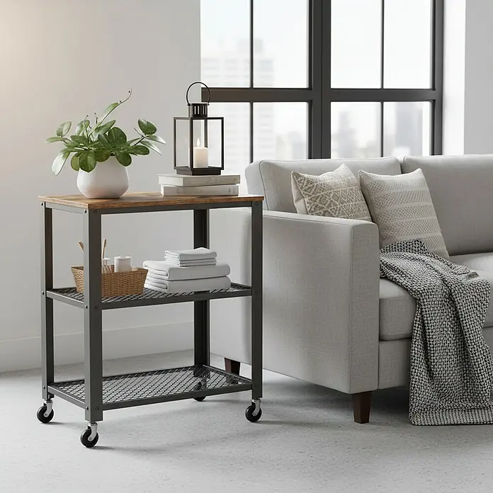 Servierwagen - L x B x H: 40 x 60,6 x 78 cm, Schwarz/Braun - Rollbarer Beistelltisch mit brauner Holzplatte und dunklem Metallrahmen, als Ablage neben einem hellgrauen Sofa. Er hat zwei Gitterablagen.