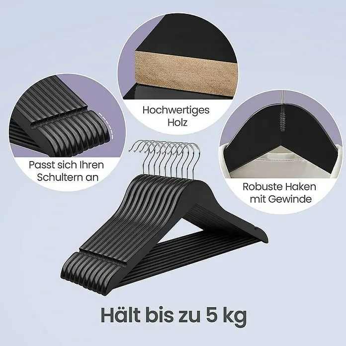 Kleiderbügel - Schwarz, Holz - Stapel schwarzer Holzbügel mit Chromhaken. Ergonomisch geformt, robustes Holz, Gewindehaken, hält bis 5 kg.