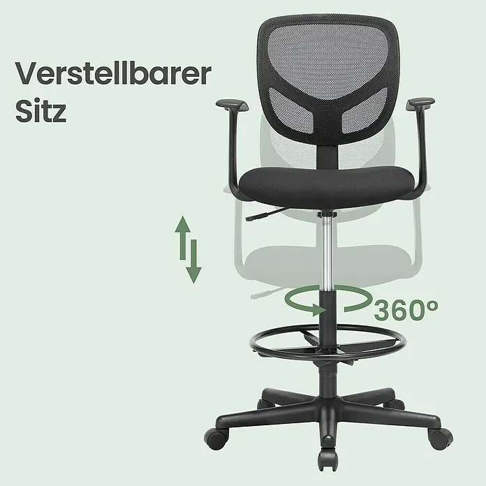 Bürostuhl mit Fußstütze und Armlehne - Höhenverstellung: 102 cm - 120 cm, B x L: 64 x 64 cm, Schwarz - Schwarzer Bürostuhl mit Netzrücken, verstellbarer Höhe, 360°-Drehfunktion, Armlehnen und Fußring.