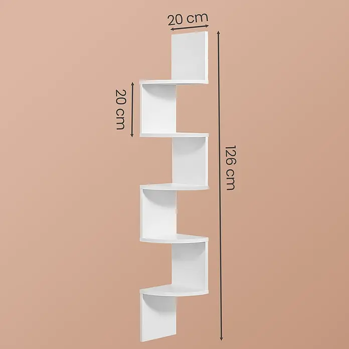 Eckregal - H x B x T: 126 x 20 x 20 cm, Weiß - Weißes Zickzack-Eckregal, 126 cm hoch mit 20 cm tiefen Ablagen.