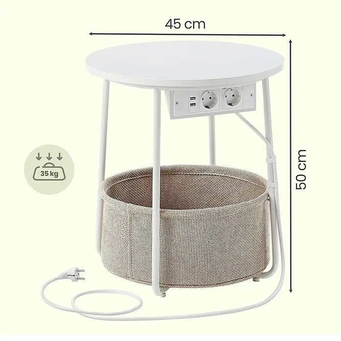 Beistelltisch mit Steckdose - Ø x H: 45 x 50 cm, Weiß - Weißer runder Beistelltisch mit integrierten Steckdosen, USB-Anschlüssen und beigefarbenem Aufbewahrungskorb.