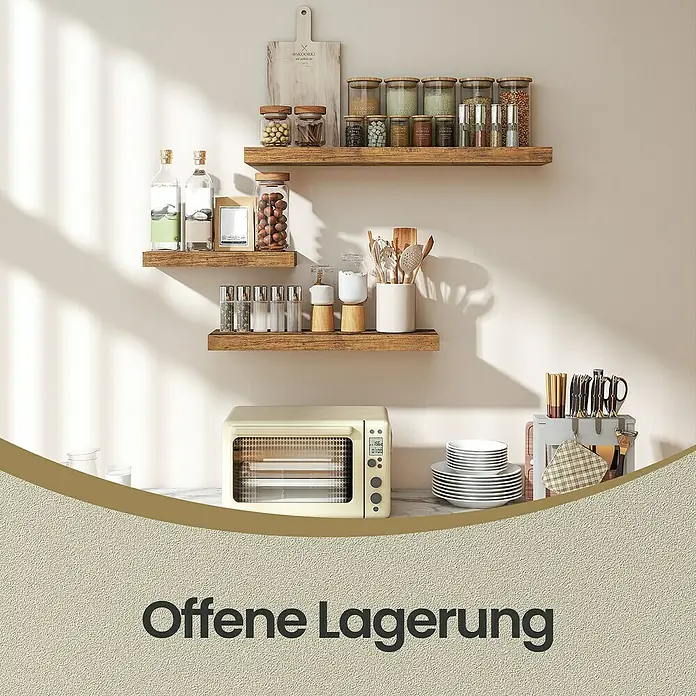 Wandboard - L x B x H: 20 mm x 60 cm x 3,8 cm, Braun - Holzregale für offene Küchenaufbewahrung mit Gläsern, Gewürzen und Utensilien.