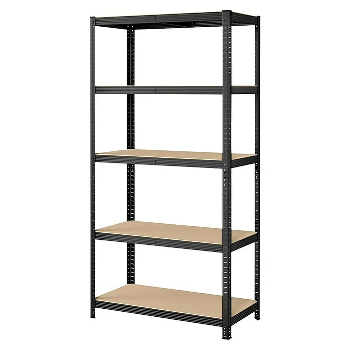 Metallregal - H x B x T: 200 x 120 x 60 cm, Traglast pro Boden: 150 kg, Anzahl Böden: 5 Stk., Stecken, Schwarz - Schwarzes Metallregal mit fünf hellbraunen Holzregalböden.
