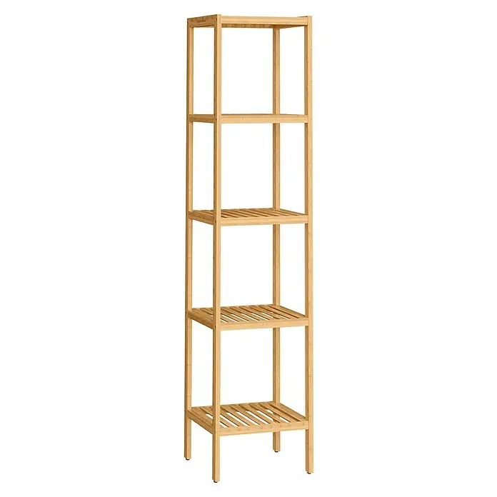 Holzregal - H x B x T: 146 x 33 x 33 cm, Traglast pro Boden: 10 kg, Anzahl Böden: 5 Stk., Braun - Natürliches Bambusregal mit 5 Ebenen und Lattenböden.