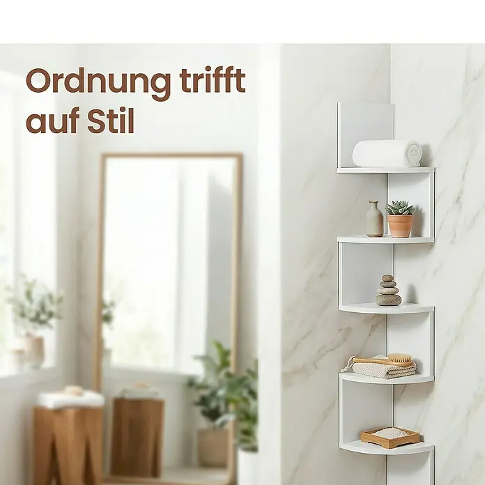 Eckregal - H x B x T: 126 x 20 x 20 cm, Weiß - Weißes Eckregal mit Handtüchern, Pflanzen und Badezimmerzubehör in einem modernen Bad.