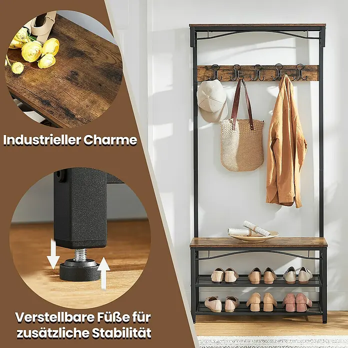 Garderoben-Set mit Sitzbank & Schuhablage - L x B x H: 32 x 80 x 178,5 cm, Braun/Schwarz - Industrielle Garderobe mit Haken, Sitzbank und Schuhablagen. Mit Holzoptik-Ablagen, schwarzem Metallrahmen und verstellbaren Füßen.
