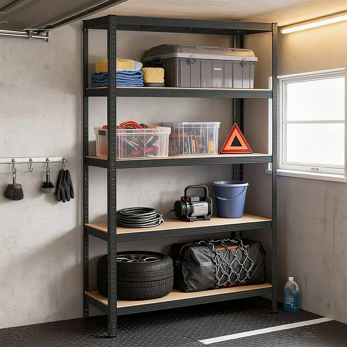 Metallregal - H x B x T: 200 x 120 x 60 cm, Traglast pro Boden: 150 kg, Anzahl Böden: 5 Stk., Stecken, Schwarz - Schwarzes Metall-Garagenregal mit Holzbrettern, zur Aufbewahrung von Werkzeugen und Autozubehör.